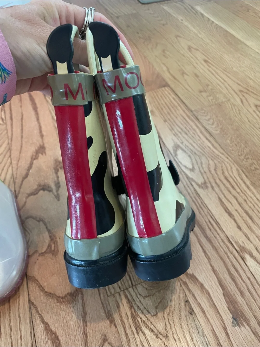 Western Chief Kids Rain Boots - White & Pink Glitter Handles and Cream Cow Print